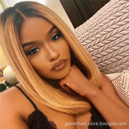 Manufacturer wholesale 100% RAW virgin Brazilian hair.Honey Brown Straight 13*4 Lace front  1b27 Short bob Human Hair Wig